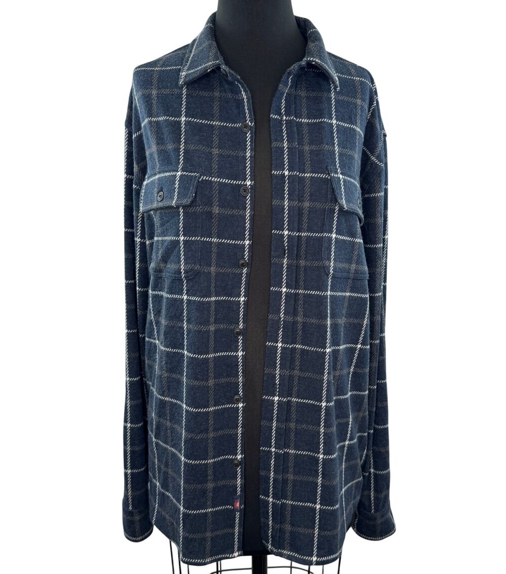 FAHERTY Navy Blue Flannel Shirt Plaid Collared Curved Hem Button-Up Size L Large
